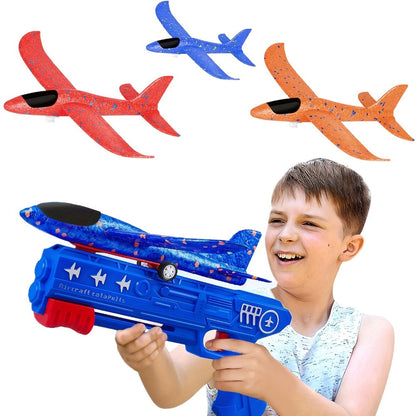 Airplane Launcher Toy Set with 3 Planes & Stickers for Kids Ages 3-12 – 2 Flight Modes Outdoor Flying Game Easy Assembly Birthday Christmas Gift Boys Girls