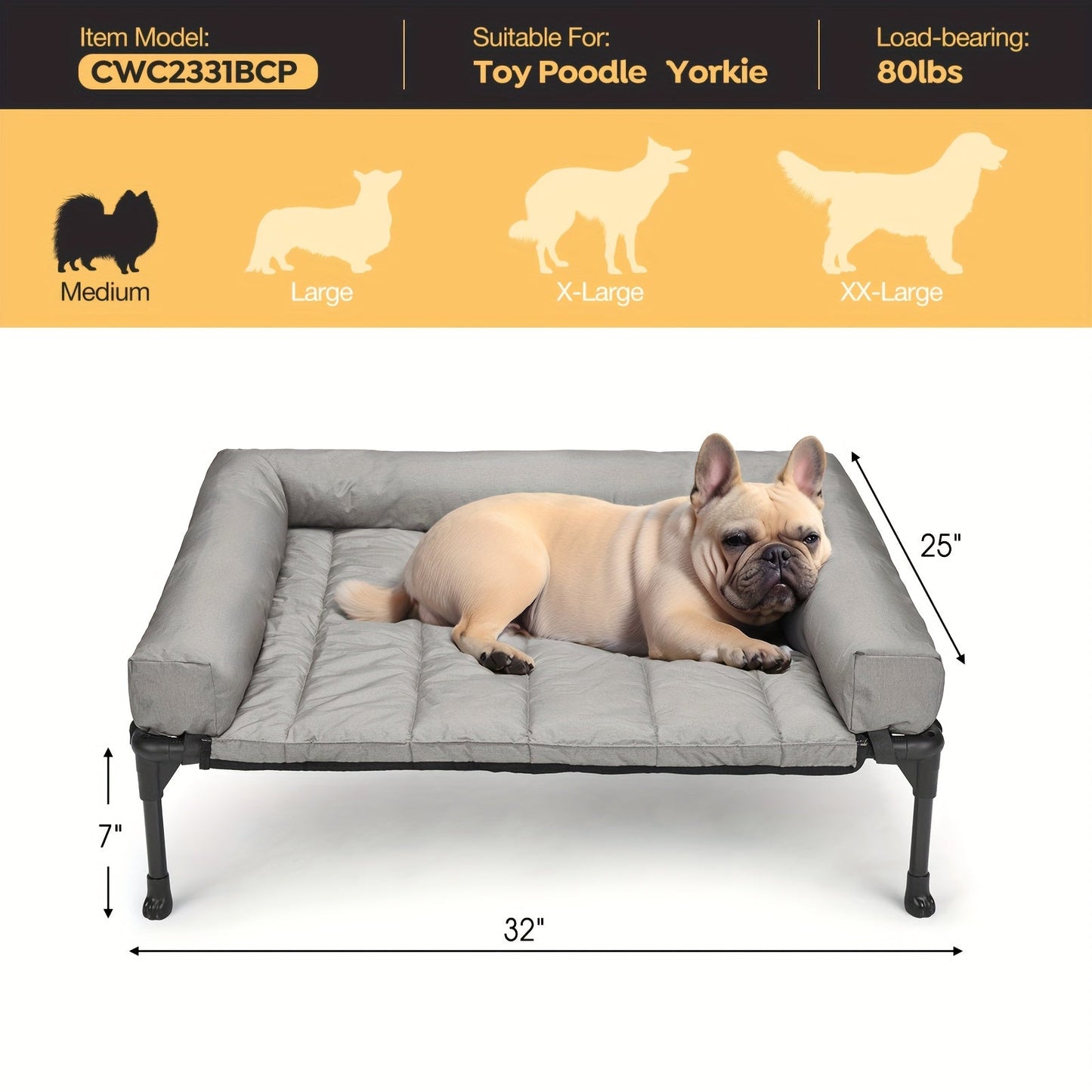 Elevated Dog Bed with Cooling Mesh & Removable Bolster Pillow Top Mat – Raised Dog Cot Bed, No-Slip Feet, Breathable Dog Sofa Bed for Indoor & Outdoor Use