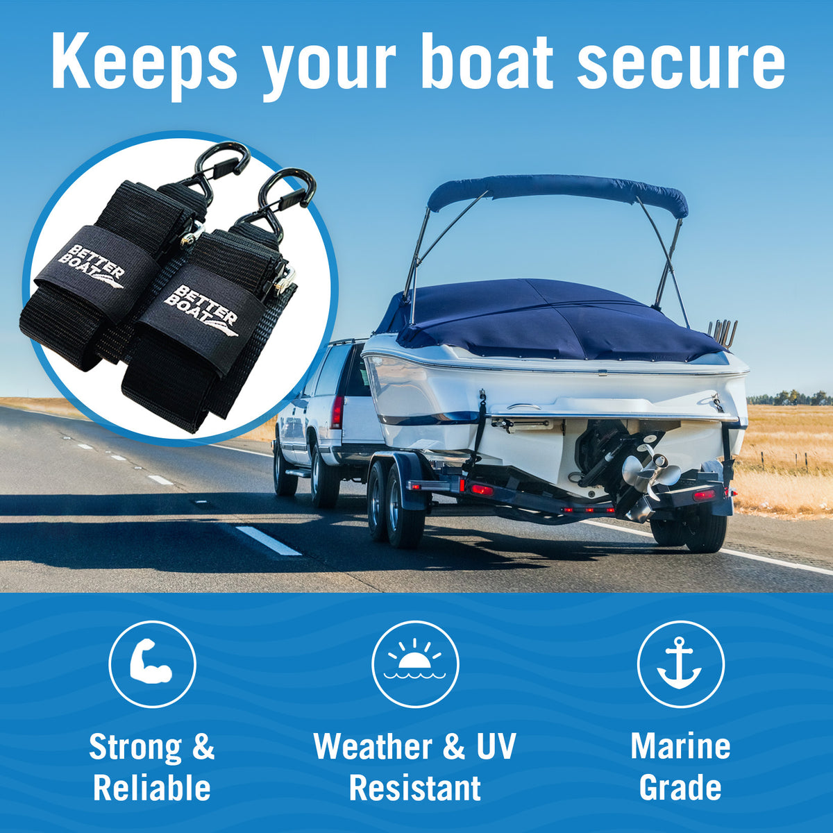Boat Transom Tie Down Straps Heavy Duty Manual Buckle Clasp Tiedown 2" x 48" Short Small Transit 4 Foot Without Ratchet Boat Trailer Accessories for Boating