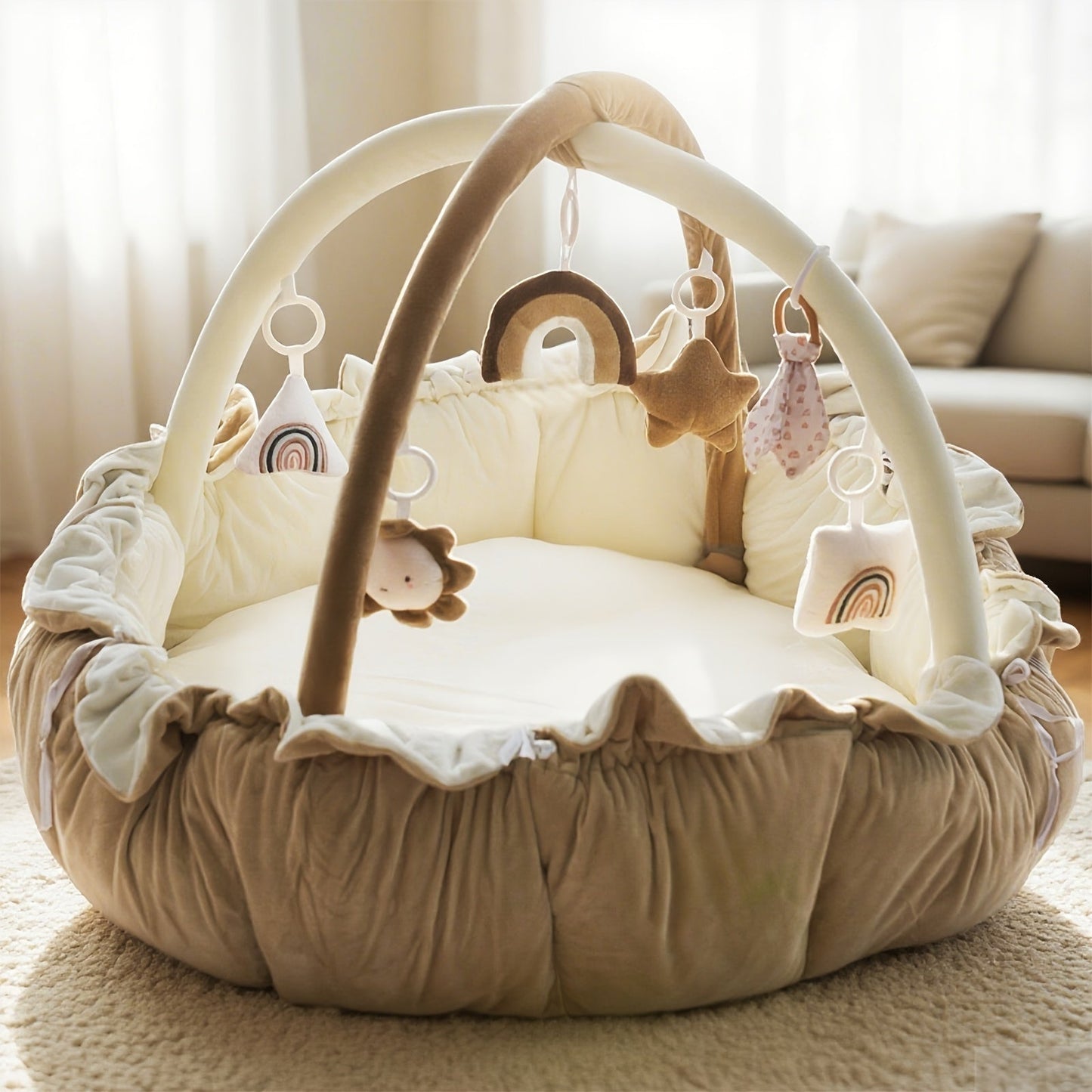 5-in-1 Pet Play Mat & Bed with 6 Toys - Thick Plush Convertible Ball Pit Tummy Time Mat Floor Cushion for Cats Dogs, Foldable Pet Activity Gym Pad, Multiple Colors Available