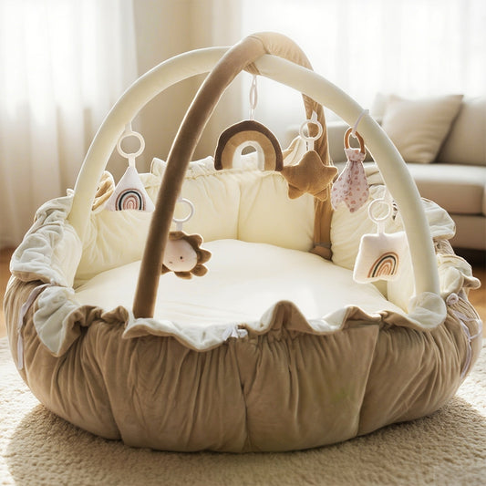 5-in-1 Pet Play Mat & Bed with 6 Toys - Thick Plush Convertible Ball Pit Tummy Time Mat Floor Cushion for Cats Dogs, Foldable Pet Activity Gym Pad, Multiple Colors Available