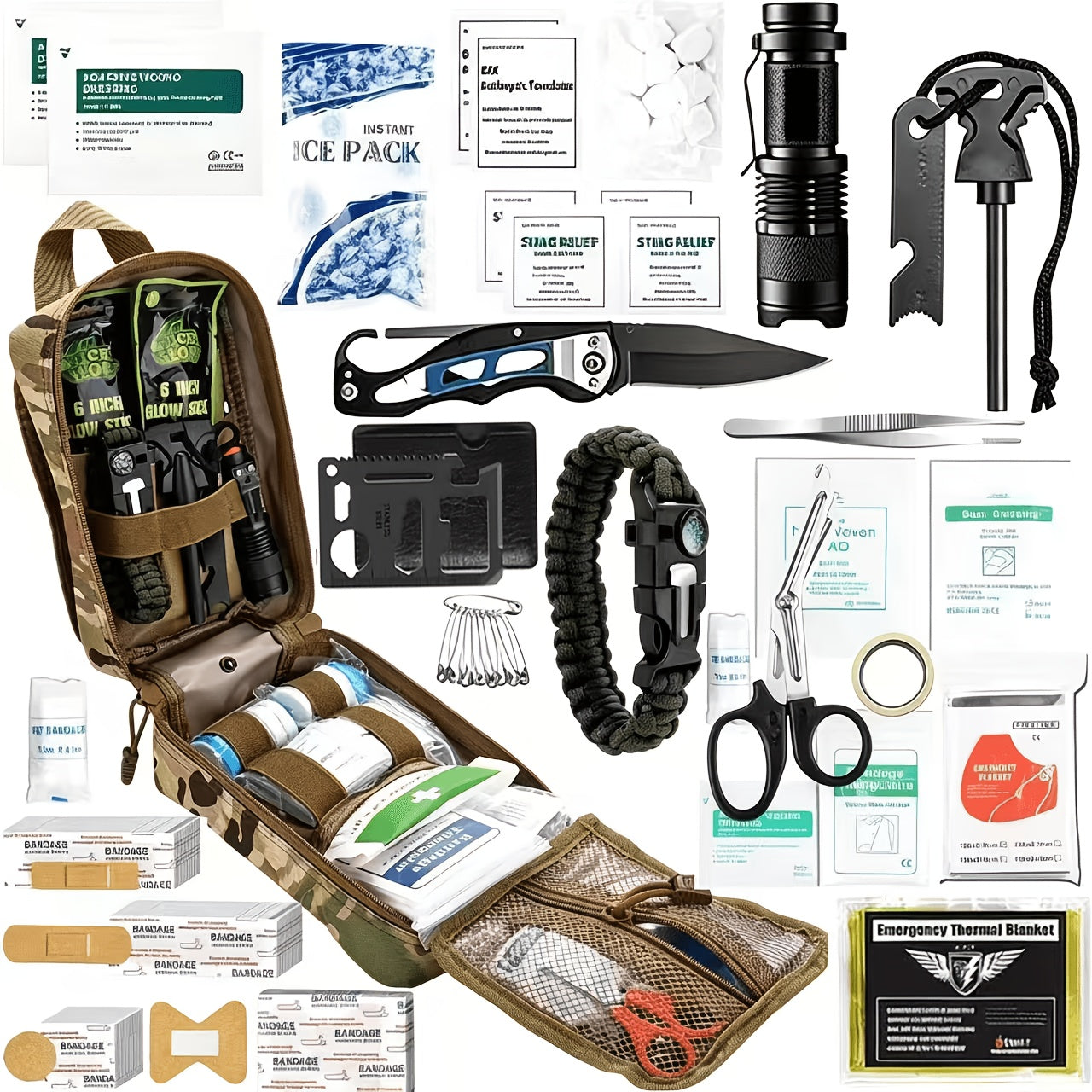 217 Piece Survival Kit with First Aid Kit & Molle Storage Bag - Emergency Gear Set for Camping, Hiking, Outdoor Adventure, Home & Office, Perfect Gift for Men, Dad, Husband, Son - Orange Green Khaki Black Red Camouflage