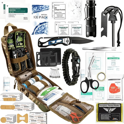 217 Piece Survival Kit with First Aid Kit & Molle Storage Bag - Emergency Gear Set for Camping, Hiking, Outdoor Adventure, Home & Office, Perfect Gift for Men, Dad, Husband, Son - Orange Green Khaki Black Red Camouflage