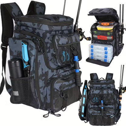 Waterproof Fishing Rod Backpack 42L – Built-In Rod Tube, 16 Pockets & Insulated Cooler Option | Black, Camo, Khaki, Gray