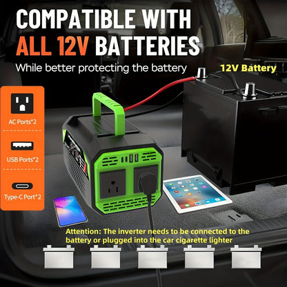 Power Inverter 500W/1000W DC 12V to AC 110V - Car Power Converter with LCD Display, 2 AC Outlets, 2 USB Ports & 2 Type-C, for Home, Car, RV, Camping & Outdoor Emergency Power