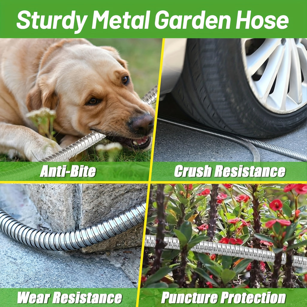 25/50/75/100ft Heavy Duty Stainless Steel Water Hose - Kink-Free High Pressure Flexible Metal Garden Hose Suitable for Car Wash, Dog Proof with 2 Nozzles, Trusted by Professionals & Pet-Resistant for Outdoor/Commercial Use