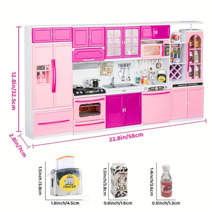 Pink Kitchen Toy Set 64pcs with Lights & Sounds – Mini Furniture Doll Playset for Girls | Pretend Play Kitchen Accessories, Birthday & Christmas Gift for Toddlers & Kids Ages 3 4 5 6
