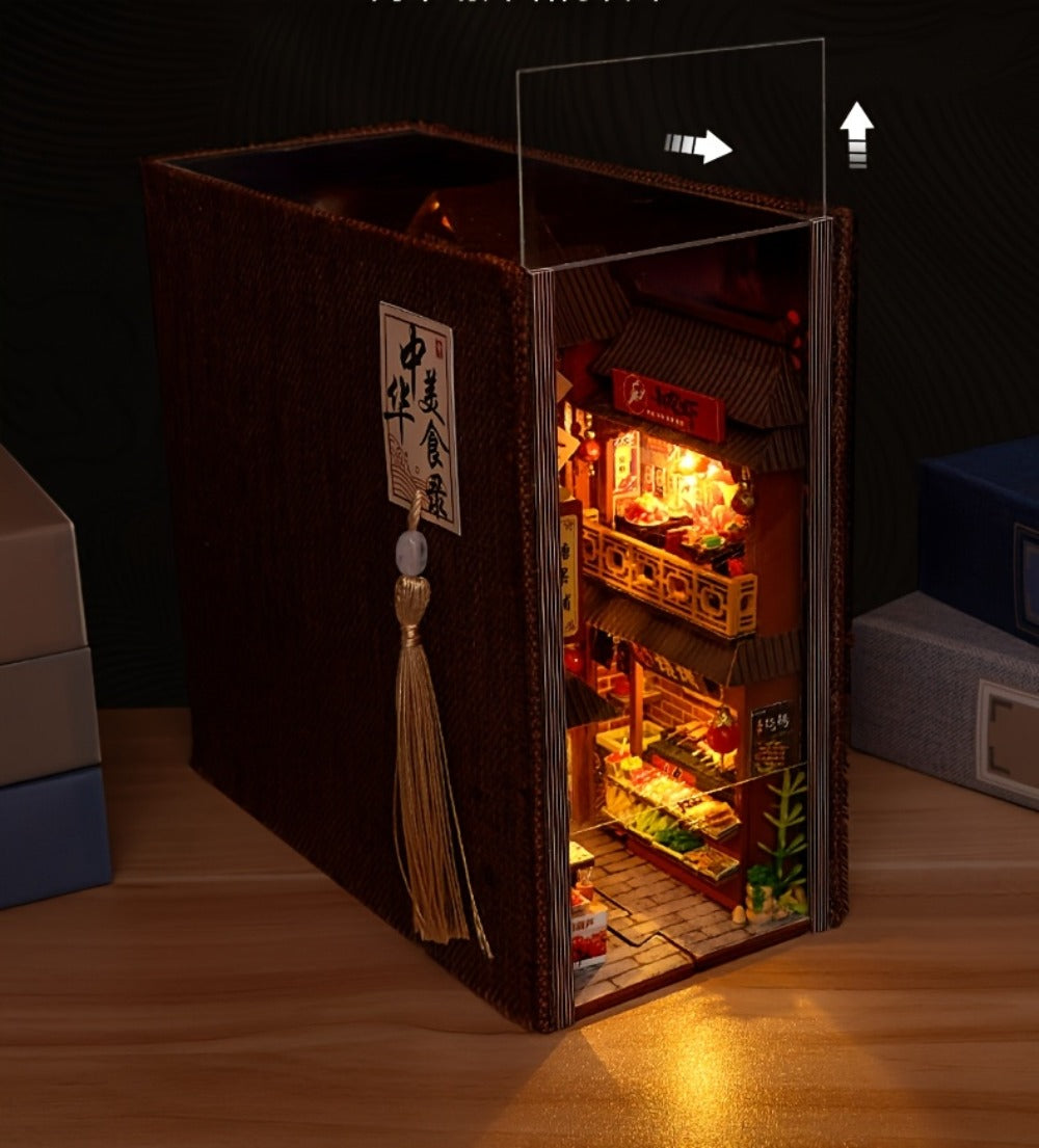 Book Nook Kit Chinese Food Street Miniature Dollhouse 3D Wooden Puzzle Bookshelf Insert DIY Model Building Set for Adults Teens – No Glue Needed Birthday Christmas Housewarming Gift