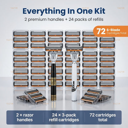 Luxury Men's Razor Set 6-Layer Blades — 2 Ergonomic Anti-Slip Handles & 72 Replaceable Blades, Precision Manual Shaving Kit, Christmas & Valentine's Day Gift for Men