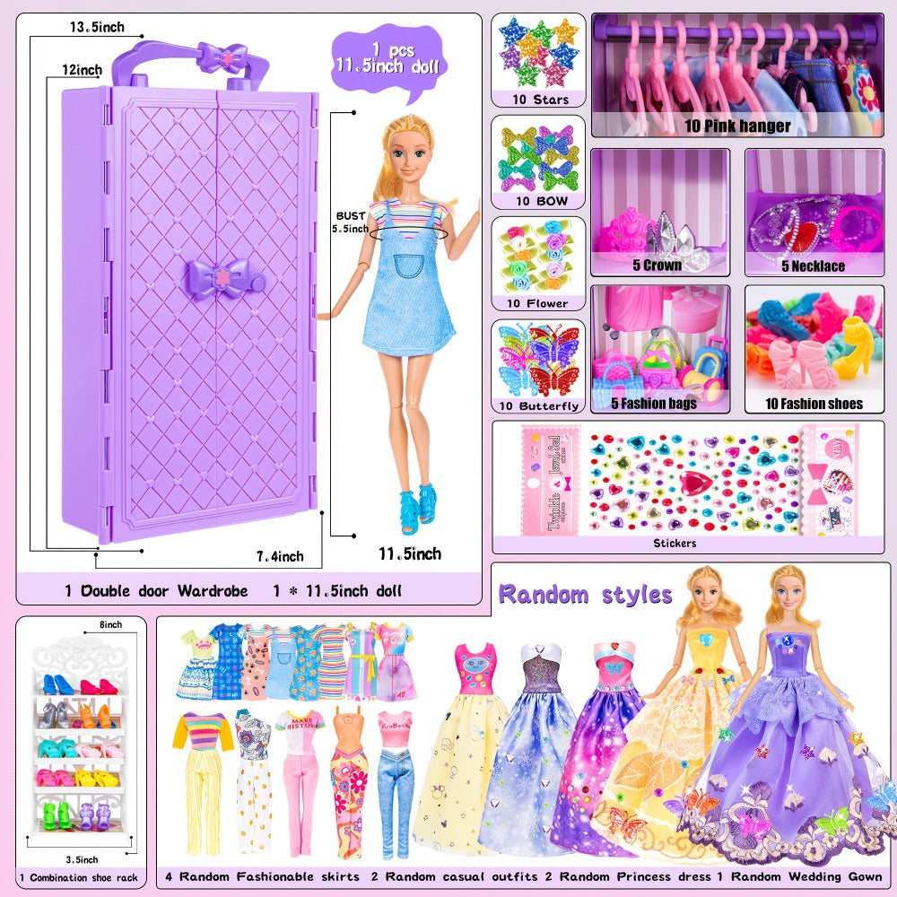 Doll Clothes & Closet Playset 91pcs for 11.5 Inch Fashion Dolls – Wardrobe with Princess Gowns, Dresses, Shoes, Handbags & Accessories, Creative Dress-Up Toy Gift Set for Girls Ages 3+