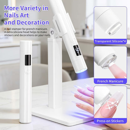 French Manicure Nail Stamper LED Lamp Kit — 4-Head Portable Rechargeable DIY Nail Art Tool with Nail Sticker Decor, One-Step Press-On French Tip Nail Light for Beginners Home & Travel, Gift for Women