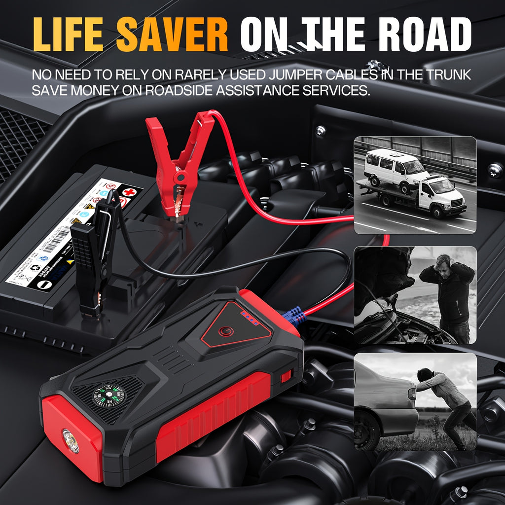 12V Portable Battery Starter | 5000A Peak Jump Starter for 2.64gal Gasoline and 2.11gal Diesel Engines, LED Flashlight, SOS Warning Lights, Emergency Power Supply with Safety Hammer and Compass, USB Dual Use, Rechargeable Lithium Polymer Battery, For RV