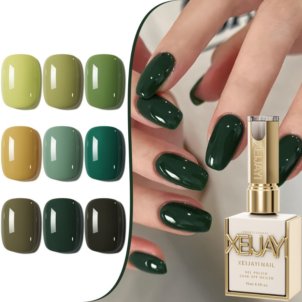 Green Forest Gel Nail Polish Set 9 Colors Photo Frame Bottle — Semi-Permanent UV LED Soak Off 0.51oz High Pigmentation Mint Sage Olive Emerald Long Lasting DIY Home Salon Nail Art Gift Women