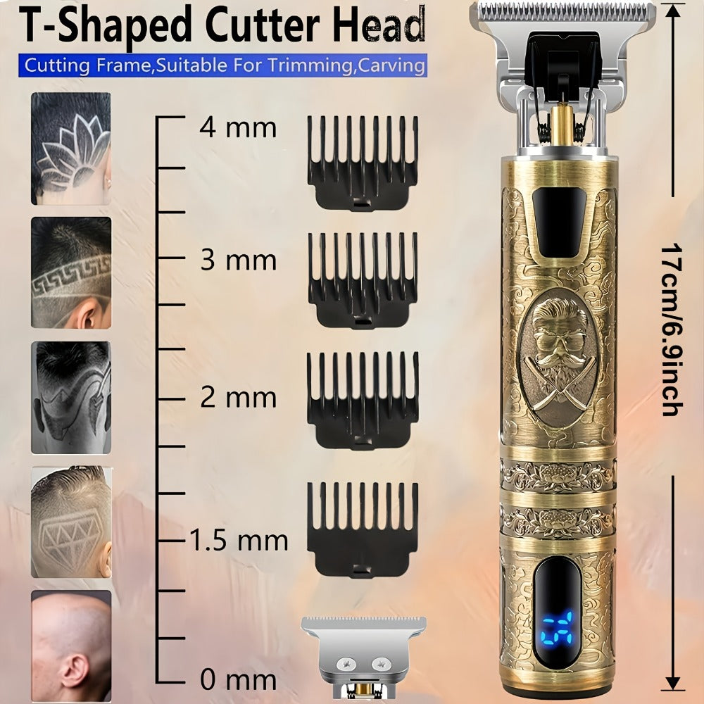 LED Hair Trimmer for Men - T-Blade USB Rechargeable 2000mAh, Vintage Dragon & Mustache Design, 4 Guide Combs, Cordless Precision Grooming, Holiday Gift for Him