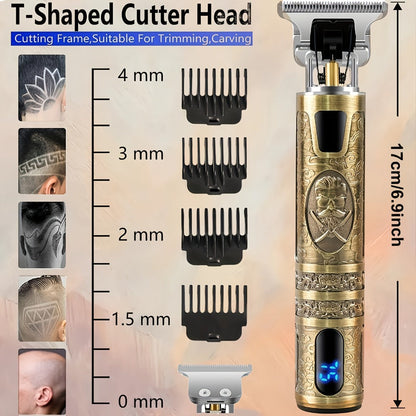 LED Hair Trimmer for Men - T-Blade USB Rechargeable 2000mAh, Vintage Dragon & Mustache Design, 4 Guide Combs, Cordless Precision Grooming, Holiday Gift for Him