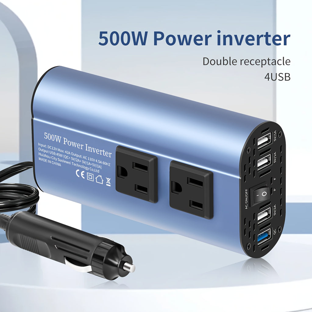 Halloween & Christmas Outdoor Portable Car Power Inverter Charger Converter 500W (Peak) Power Inverter Converts DC 12V to AC 110V with 4 USB Ports for Car Adapter Fast Charging for Cell Phones And Other Devices