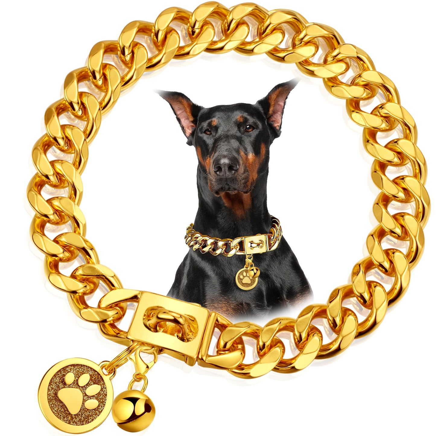 Cuban Link Dog Chain Collar – 19mm Gold Plated Stainless Steel with Snap Lock, 6 Sizes for Puppy Small Medium Large Dogs
