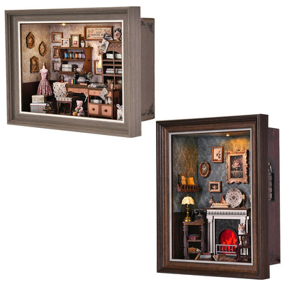 Book Nook Insert Kit DIY 3D Wooden Sewing House Miniature Model Building Set – Bookshelf Decor Craft for Adults Teens, Birthday Christmas Housewarming Gift, Choose Seam House Fireplace or Dwarf Style