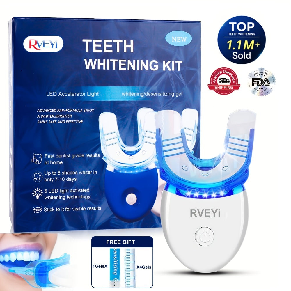 LED Teeth Whitening Kit 5 Whitening Gel Syringes Enamel Safe Professional Home Whitening Light Tray Set Fast Results Gift for Women Men Girlfriend Boyfriend Parents White Blue