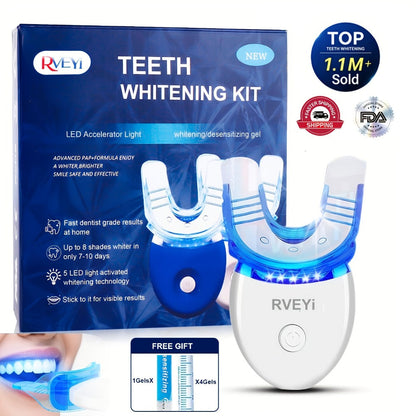 LED Teeth Whitening Kit 5 Whitening Gel Syringes Enamel Safe Professional Home Whitening Light Tray Set Fast Results Gift for Women Men Girlfriend Boyfriend Parents White Blue