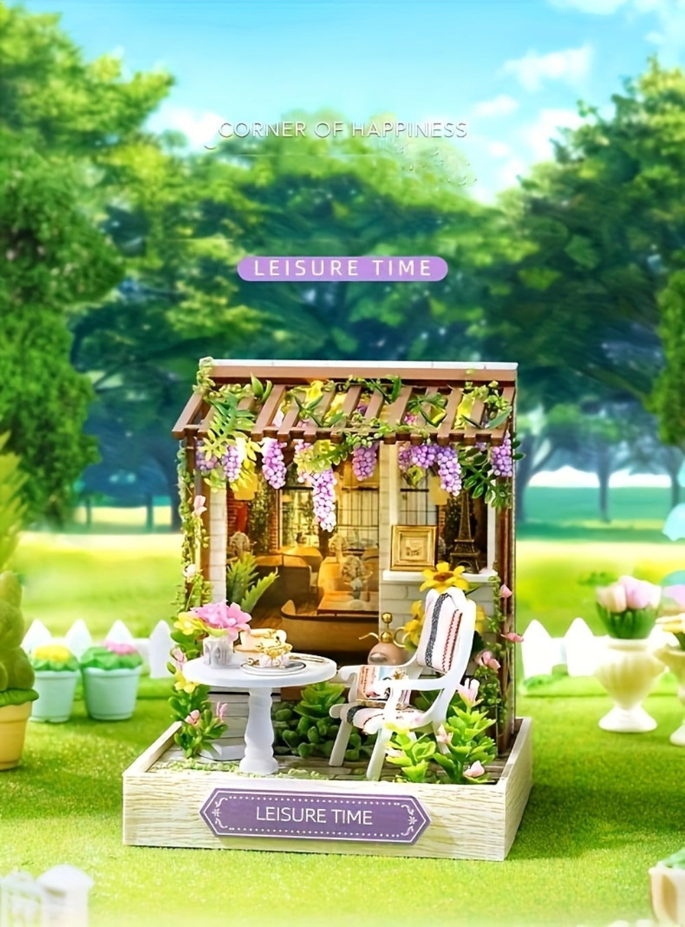 DIY Wooden Tiny House Kit with Dust Cover – Handmade Miniature Dollhouse Puzzle, 3 Themes Afternoon Tea Rotating Food House Moon Magic, Creative Home Decor Gift for Adults & Teens Birthday Christmas
