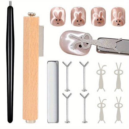 Cat Eye Nail Magnet Set 11pcs - 3-in-1 Magnet Stick with Heart & Bunny Designs, Strong Magnetic Tool for Cat Eye Gel Polish Nail Art, Professional Salon & Home DIY Nail Art Gift