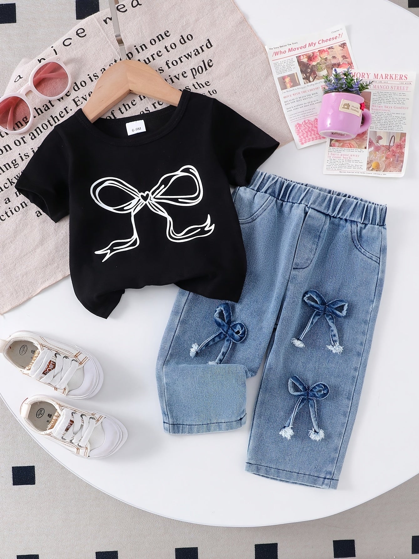 Girls' Denim Outfit Set - Short Sleeve Spring