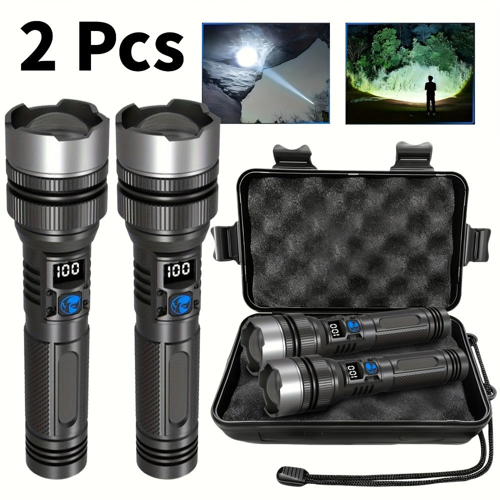 LED Flashlight Rechargeable 1000 Lumen – 2-Pack Super Bright Tactical Flashlight with Digital Display, Camping Fishing Hunting Emergency Lighting, Gift Box Included, Father's Day Gift for Men