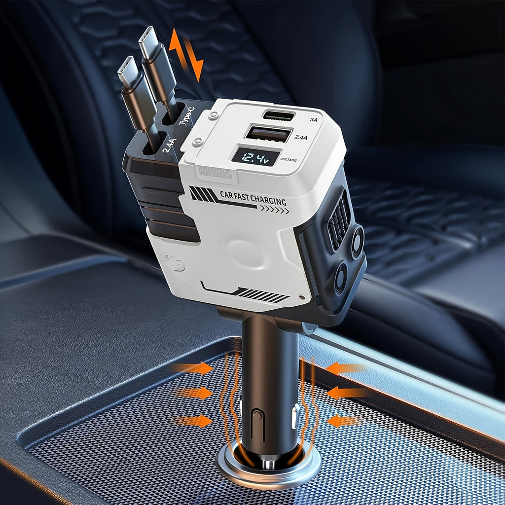 Mech Style Super Fast Car Charger, 4 In 1 Retractable Car Phone Charger 120W, Retractable Cables For Iphone And USB Car Charger, Compatible With for iphone 14/13/12/11, Galaxy, Pixel - For Ios And Android(Gift Magnetic Holders Included)