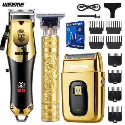 USB Rechargeable Hair Clipper Set for Men — WEEME Electric Razor & T-Blade Trimmer Kit with 8 Limit Combs, 2/3-Piece in Golden, Blue & Black, Valentine's Day & Birthday Grooming Gift