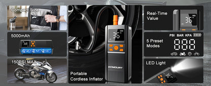 Portable Tire Inflator Cordless Air Compressor – 150PSI Fast Inflation, 5000mAh Rechargeable Battery, Digital Pressure Gauge, LED Light, 4+ Modes for Car Bike Motorcycle Sports Balls
