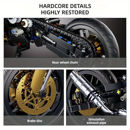 1000PCS Motorcycle Building Blocks 1:10 Scale DIY Black & Gold Motorbike Model Kit – Adult Collector Display Ornament, Exquisite Detail Assembly, Unique Gift for Men Motorcycle Enthusiasts Ages 14+