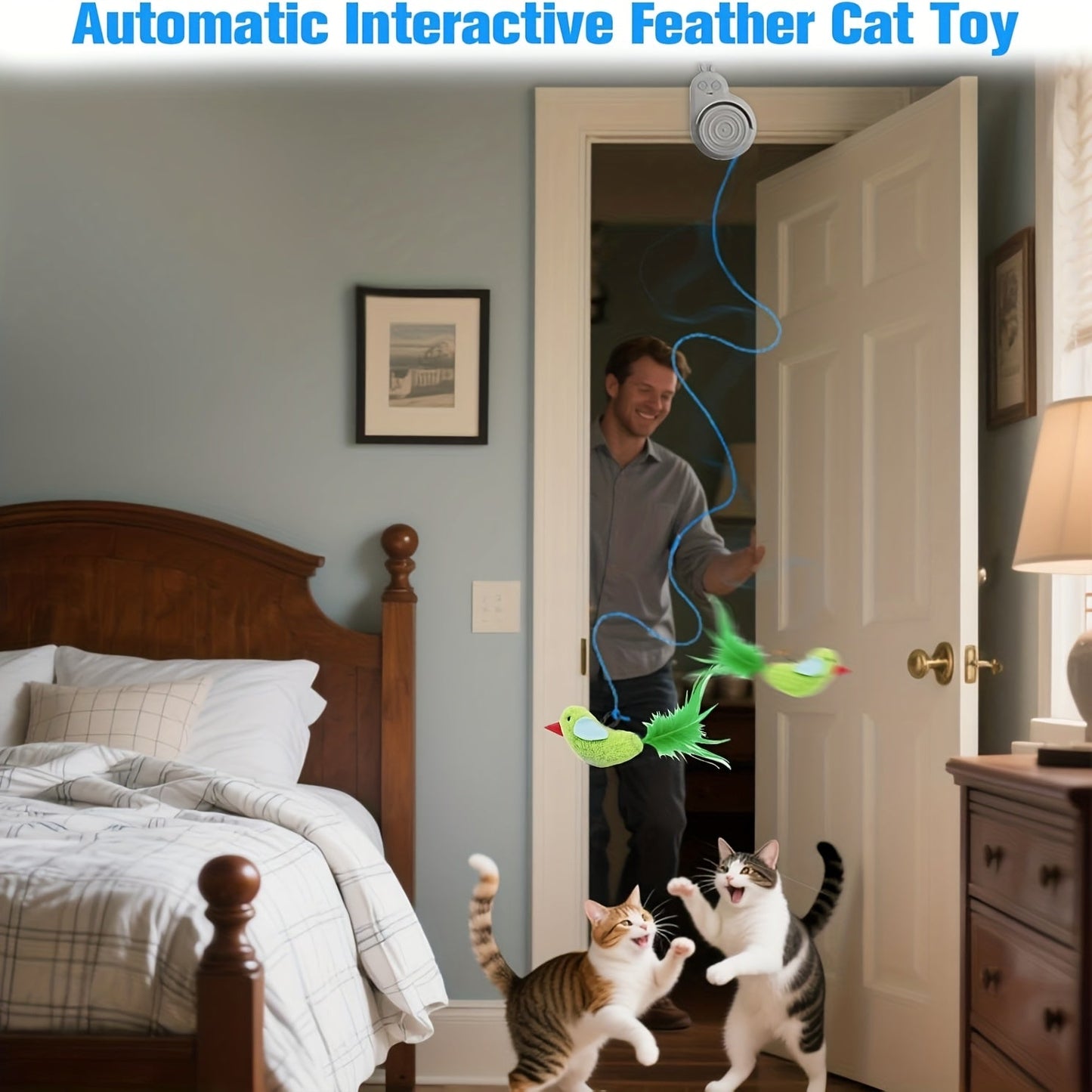 Interactive Cat Toy Electric Flying Bird Feather – Automatic Stick-On Hanging Toy for Indoor Cats & Kittens, Self-Play Enrichment Toy for Bored Cats, 3 Colors