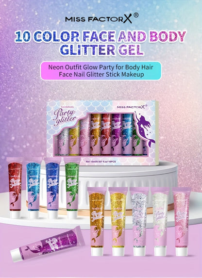 Holographic Glitter Gel Set 10 Colors Cosmetic Grade Face Body Makeup - Festival Rave Cosplay Anime Halloween Party Shimmer Skin Safe Easy Apply Remove