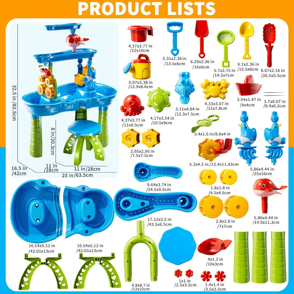 Sand and Water Table for Toddlers 3-Tier – Outdoor Sensory Play Set with Shovel Scoop & Strainer, BPA-Free Backyard Beach Summer Activity Toy for Boys & Girls Ages 2 3 4 5 6 (Blue)