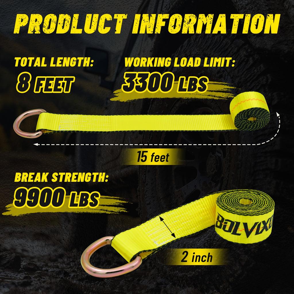 8 Pack 2" X 96" Lasso Strap, 9900LBS Break Strength, D Ring Auto Tie Down For Wheel Lift, Trailer, Tow Truck