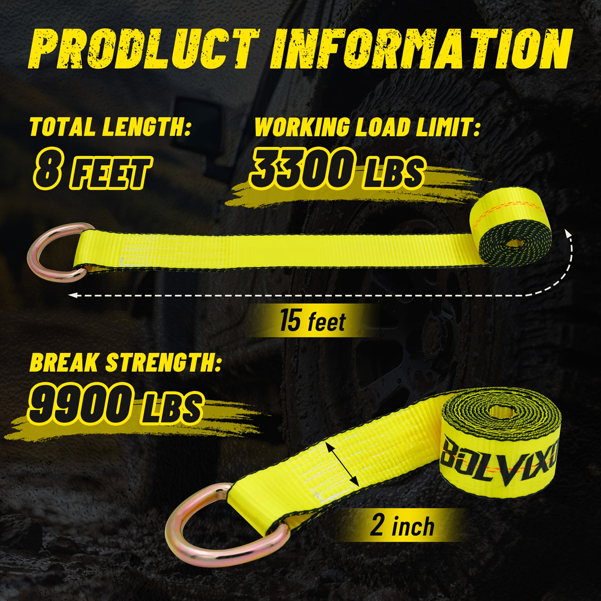 8 Pack 2" X 96" Lasso Strap, 9900LBS Break Strength, D Ring Auto Tie Down For Wheel Lift, Trailer, Tow Truck