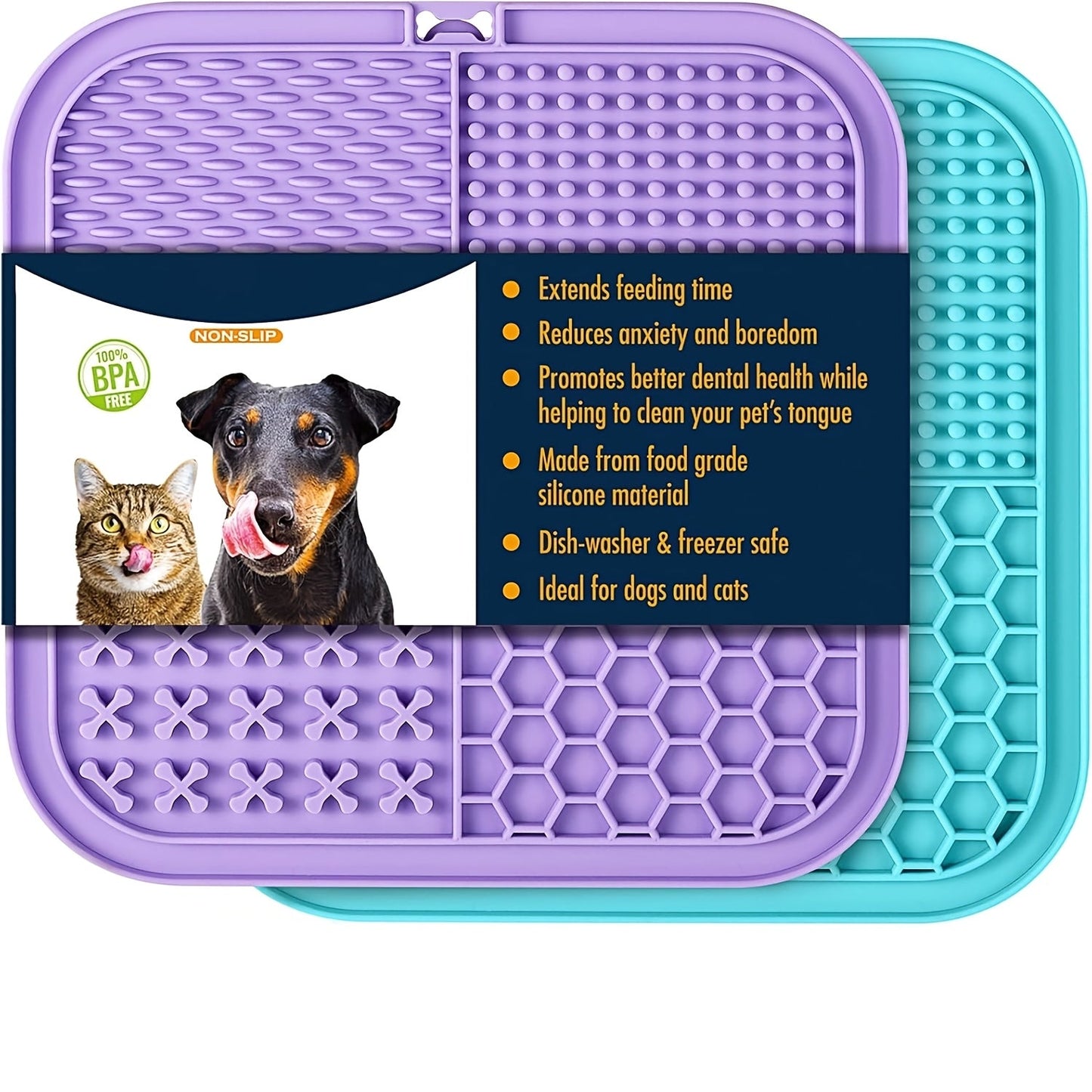 Licking Mat for Dogs and Cats with Suction Cup - Slow Feeder Boredom Buster Pad for Peanut Butter & Treats, Calming Bath & Grooming Aid, Available in 1pc 2pcs 4pcs Sets, Blue & Purple