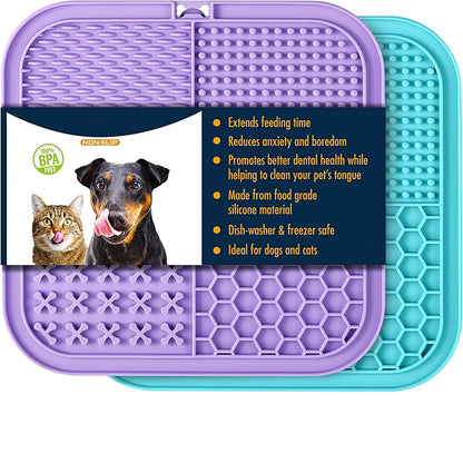 Licking Mat for Dogs and Cats with Suction Cup - Slow Feeder Boredom Buster Pad for Peanut Butter & Treats, Calming Bath & Grooming Aid, Available in 1pc 2pcs 4pcs Sets, Blue & Purple
