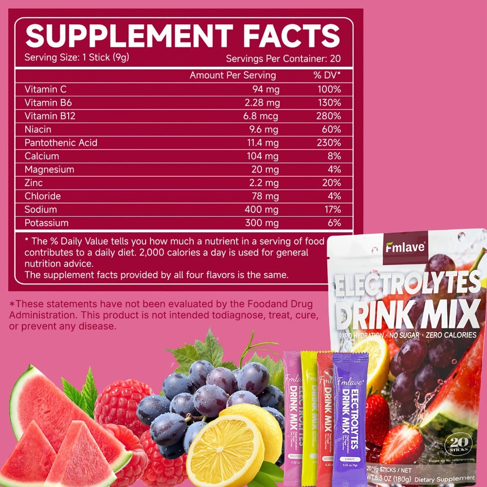 Electrolyte Drink Mix Powder - Zero Sugar, Zero Calorie Rapid Hydration with Vitamins C, B6 & B12 - 20 Single-Serving Sticks for Workouts, Travel & Daily Use