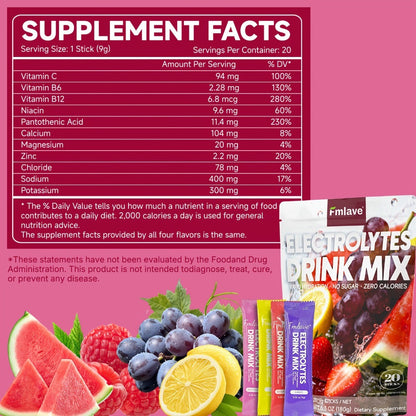 Electrolyte Drink Mix Powder - Zero Sugar, Zero Calorie Rapid Hydration with Vitamins C, B6 & B12 - 20 Single-Serving Sticks for Workouts, Travel & Daily Use
