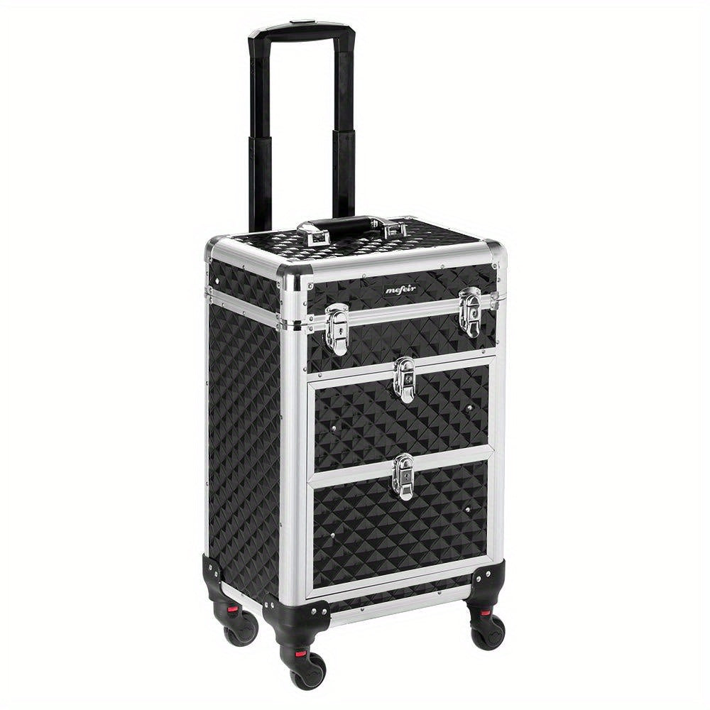 Makeup Train Case Rolling Aluminum Lockable Trolley with 4 Wheels 2 Sliding Drawers Telescopic Rod Portable Cosmetic Organizer Suitcase for Makeup Artists Salon Travel Beauty Storage Black