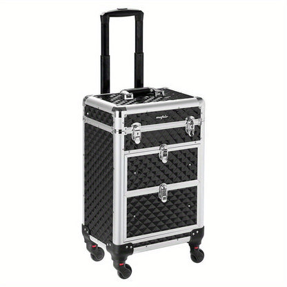 Makeup Train Case Rolling Aluminum Lockable Trolley with 4 Wheels 2 Sliding Drawers Telescopic Rod Portable Cosmetic Organizer Suitcase for Makeup Artists Salon Travel Beauty Storage Black