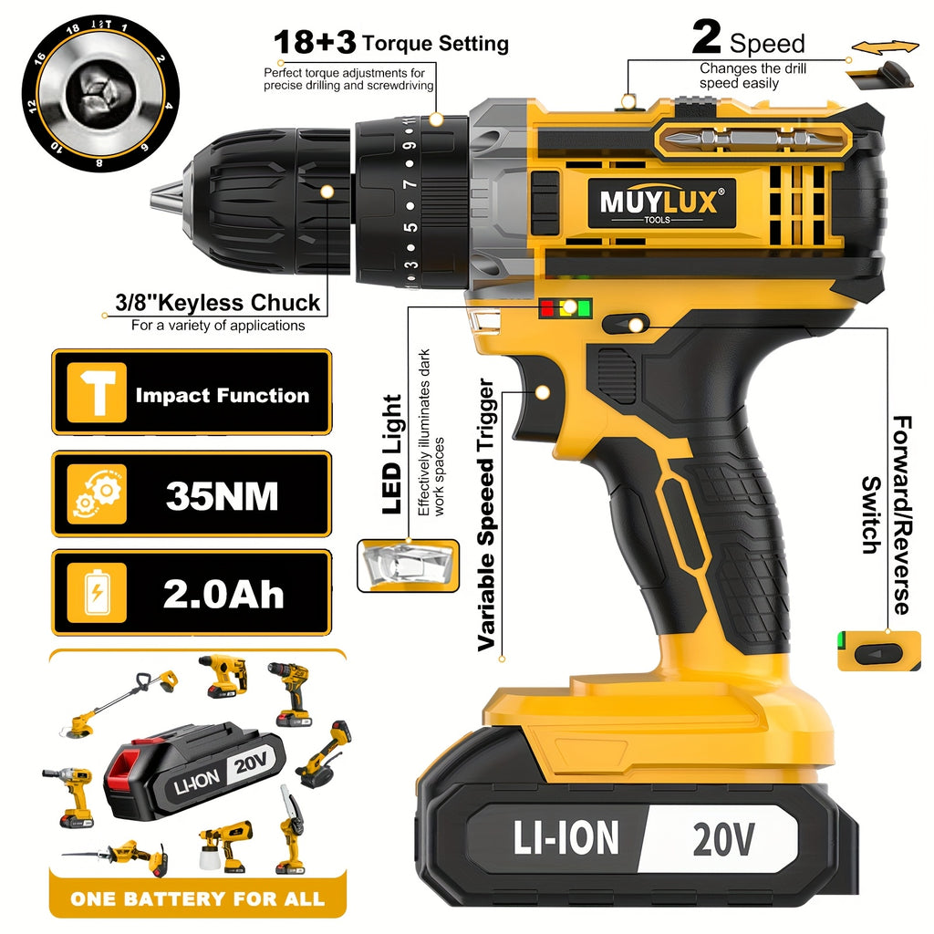 20V Cordless Drill Set, Impact Power Drill with 3/8 Inch Keyless Chuck, 18+3 Clutch Electric Drill with Work Light, Max Torque 45Nm, 2-Variable Speed And 2.0AH Batteries And Fast Charger