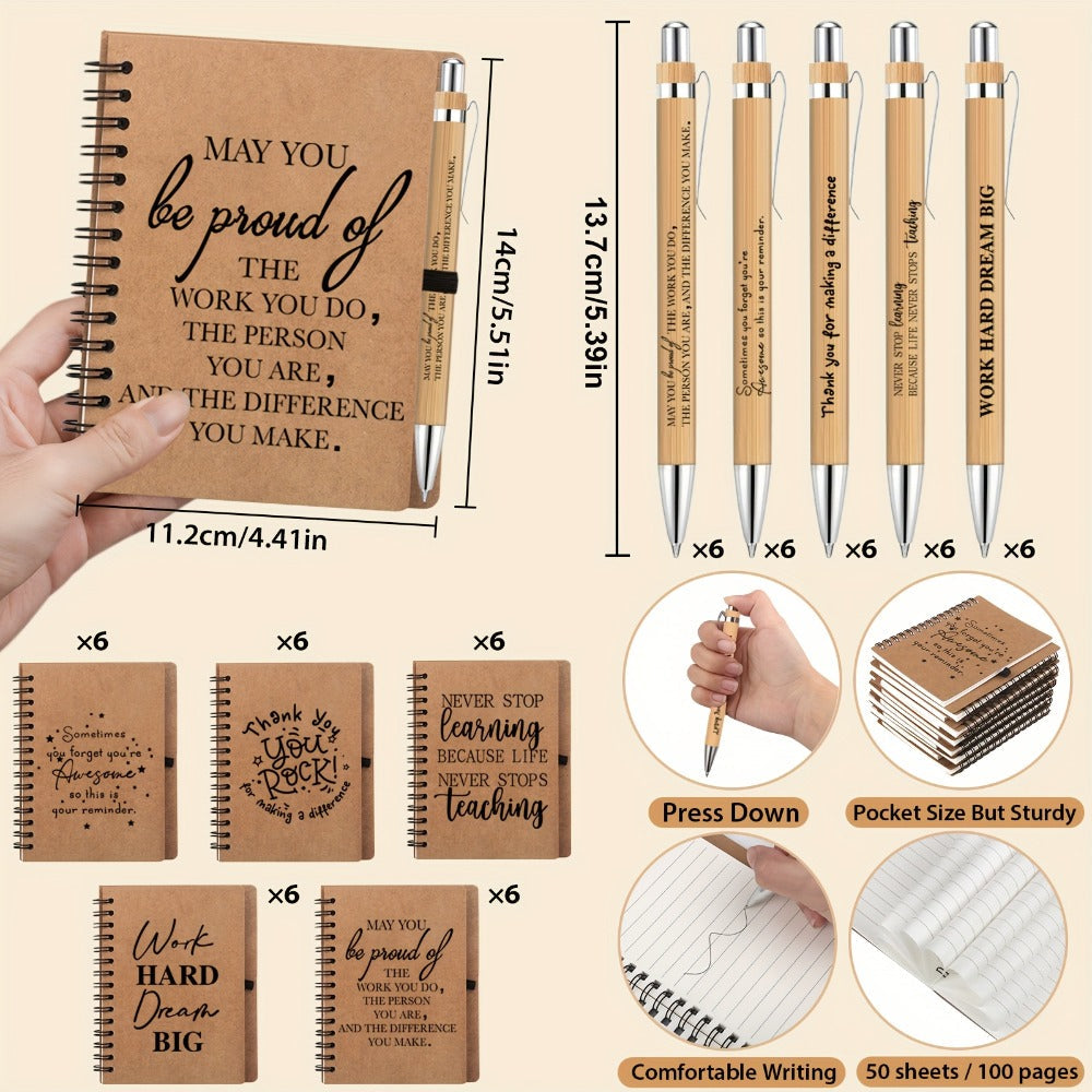 Spiral Notebooks with Retractable Bamboo Pens Bulk Gift Set – 30 Pack Inspirational Journals Thank You Gifts for Teachers Employees Back to School Encouragement Notepad