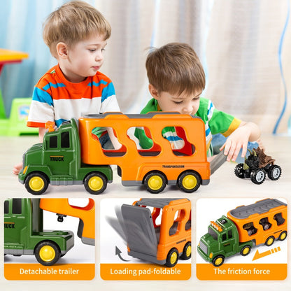 Push-Action Dinosaur Truck Toy 7-in-1 for Kids Ages 3-5 with 3 Dino Figures & 3 Mini Cars – Friction Vehicle LED Lights & Roaring Sound Effects Monster Dino Car Birthday Christmas Gift Boys