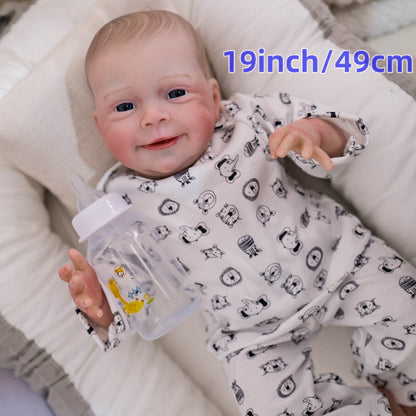 Cloth Body Reborn Baby Doll 19 Inch Soft Vinyl Limbs Hand-Painted Smiling Newborn Girl with Clothes Pacifier Bottle Birth Certificate – Huggable Lifelike Baby Doll Gift for Kids Birthday Christmas