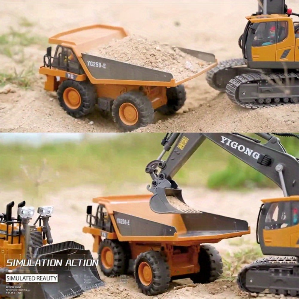 RC Construction Vehicle Toy Set 2.4GHz Remote Control Excavator Bulldozer Dump Truck Loader with Alloy Head LED Lights & Sounds – Engineering Toy for Boys Girls Kids Ages 6+ Birthday Christmas Gift