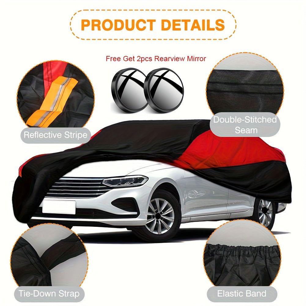 Universal Fit Outdoor Car Cover 170T Polyester Thickened Fabric with Reflective Strips, Full Exterior Sunshade Dustproof Protection for Sedan SUV - Black & Red
