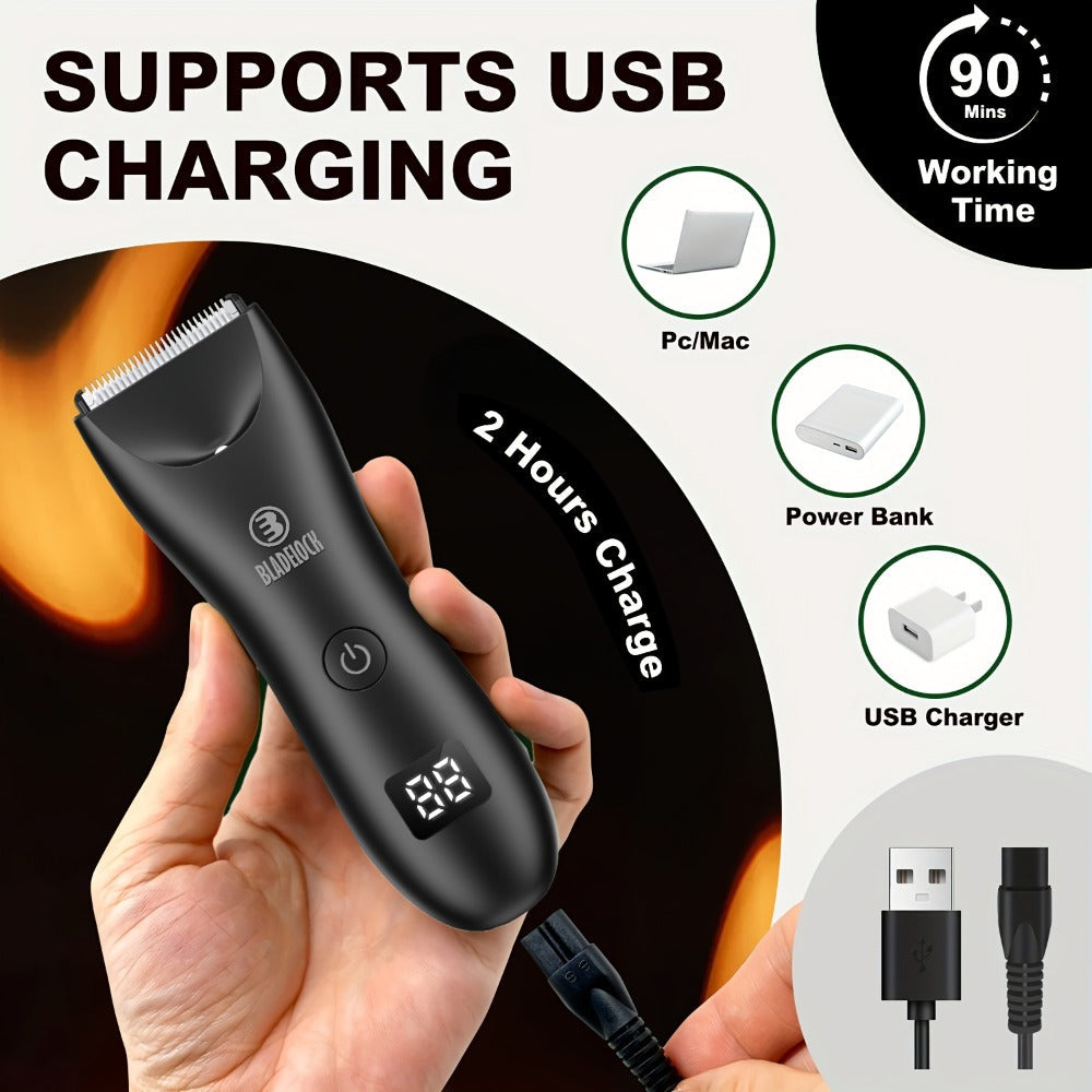 Manscaping Trimmer for Men IPX7 Waterproof Electric Groin & Ball Trimmer Ceramic Blades LCD Battery Display Replaceable Head - Body Hair Shaver Groomer Black Grey